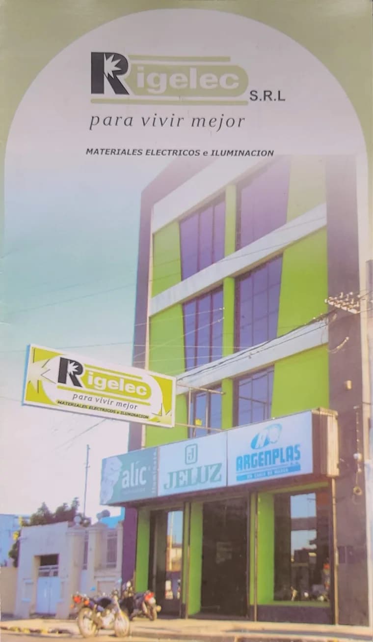 Tapa del catálogo institucional de Rigelec S.R.L., con el edificio de Las Heras 331